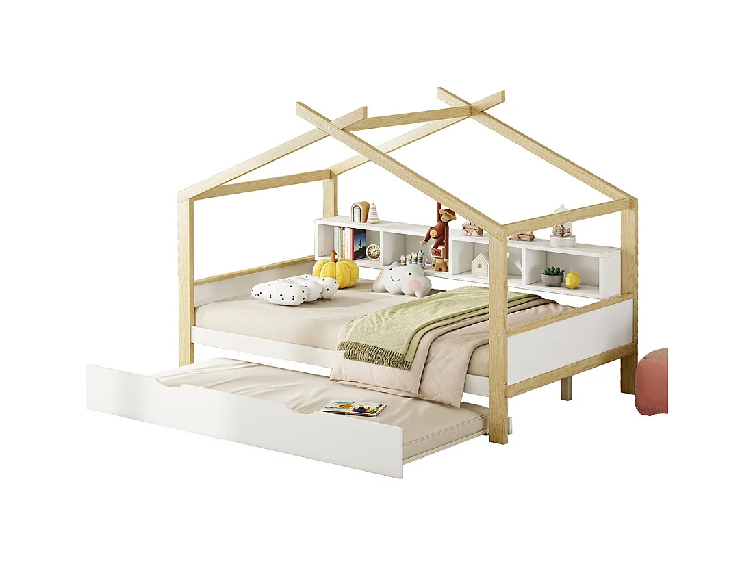 Lit jeune lit 140x200cm avec quatre casiers de rangement lit simple pin naturel+blanc