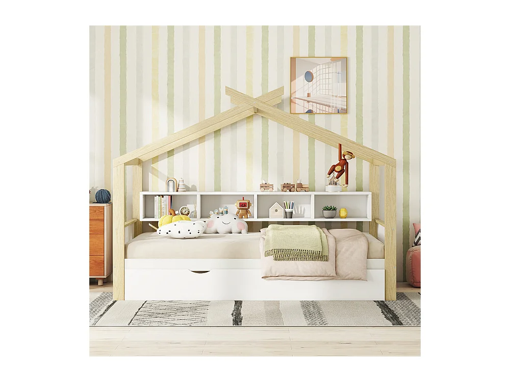 Lit jeune lit 140x200cm avec quatre casiers de rangement lit simple pin naturel+blanc