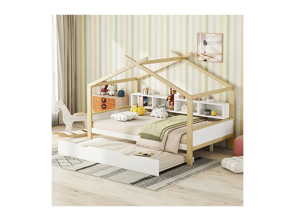 Lit jeune lit 140x200cm avec quatre casiers de rangement lit simple pin naturel+blanc