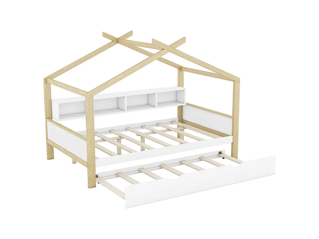 Lit jeune lit 140x200cm avec quatre casiers de rangement lit simple pin naturel+blanc