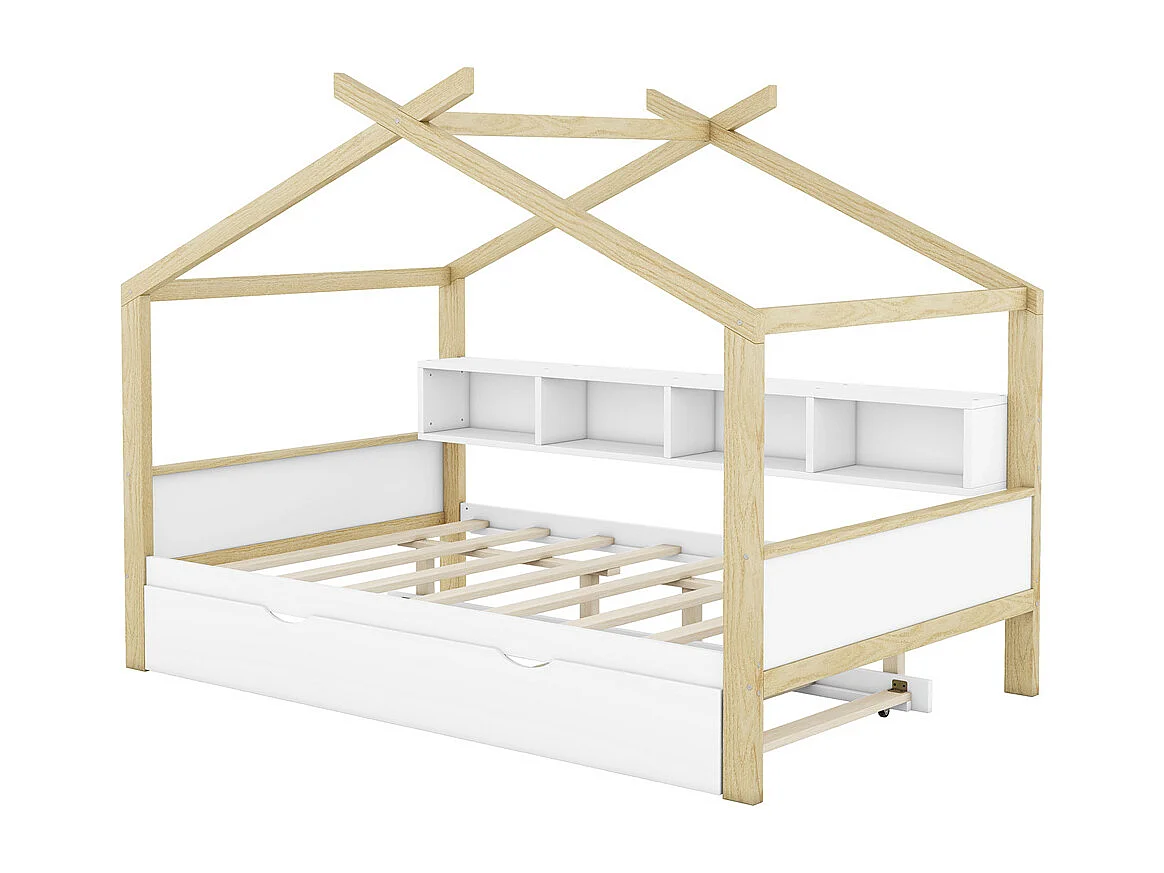 Lit jeune lit 140x200cm avec quatre casiers de rangement lit simple pin naturel+blanc