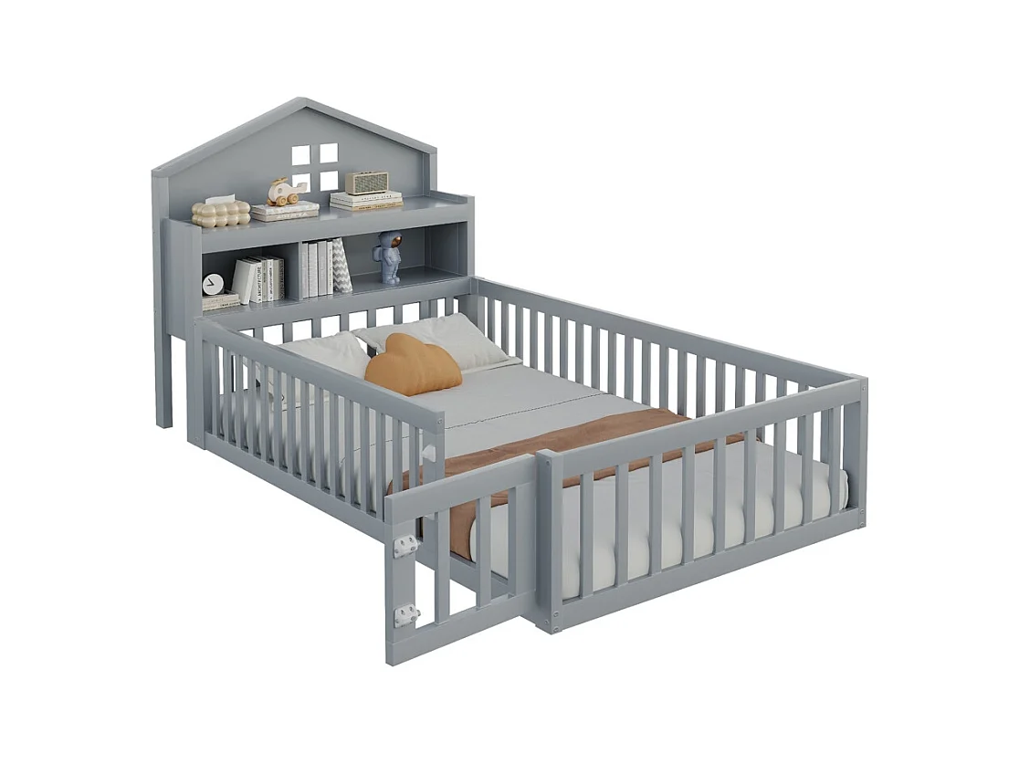 Lit d'enfant 90x200cm, avec espace de rangement, étagères, cimaise, barrière de sécurité et porte, cadre en bois massif, avec sommier à lattes, gris