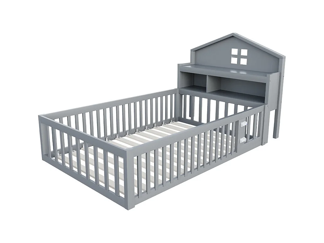 Lit d'enfant 90x200cm, avec espace de rangement, étagères, cimaise, barrière de sécurité et porte, cadre en bois massif, avec sommier à lattes, gris