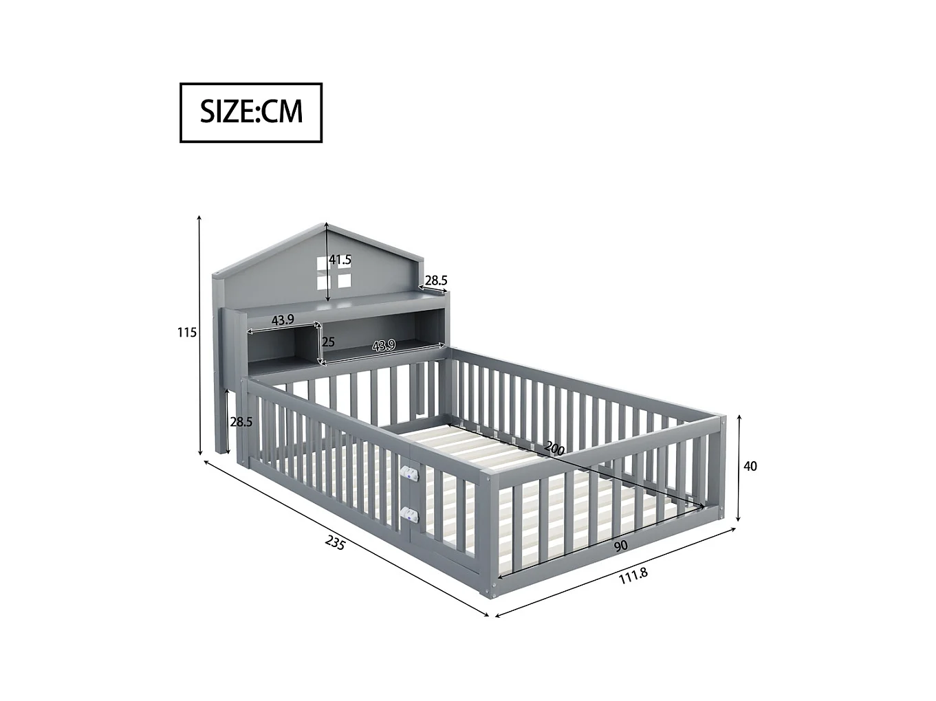 Lit d'enfant 90x200cm, avec espace de rangement, étagères, cimaise, barrière de sécurité et porte, cadre en bois massif, avec sommier à lattes, gris