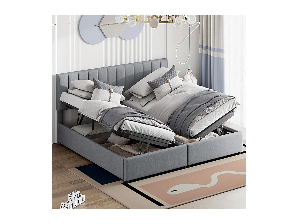 Lit jeune lit 180x200 cm lit de rangement lit rembourré hydraulique lit double lin gris