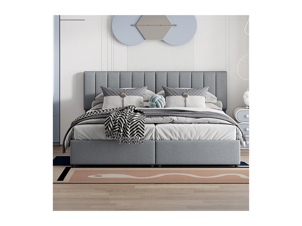 Lit jeune lit 180x200 cm lit de rangement lit rembourré hydraulique lit double lin gris