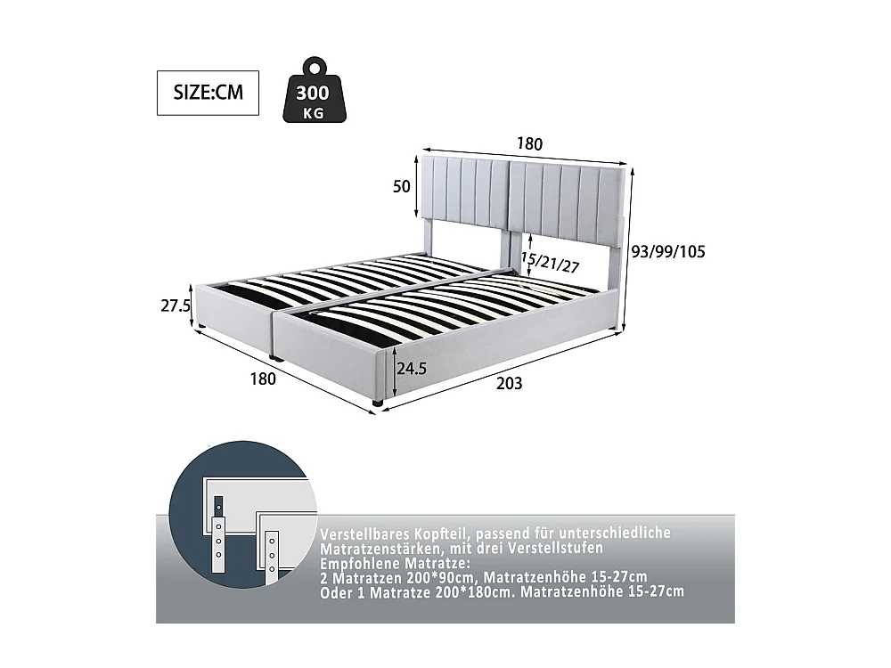 Lit jeune lit 180x200 cm lit de rangement lit rembourré hydraulique lit double lin gris