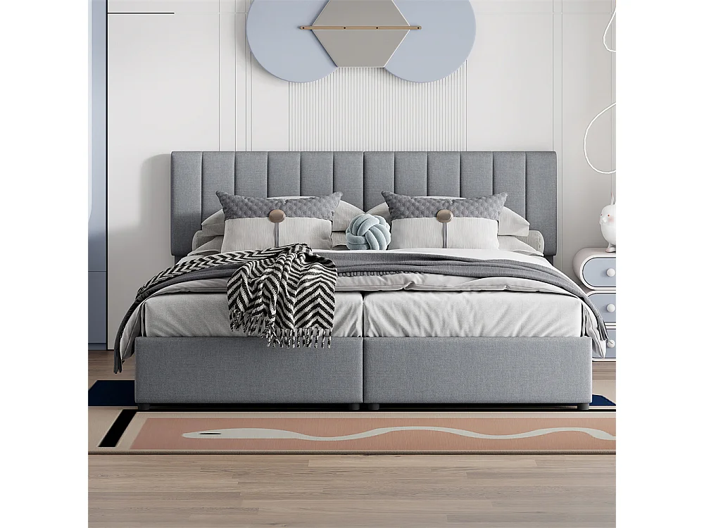 Lit jeune lit 180x200 cm lit de rangement lit rembourré hydraulique lit double lin gris