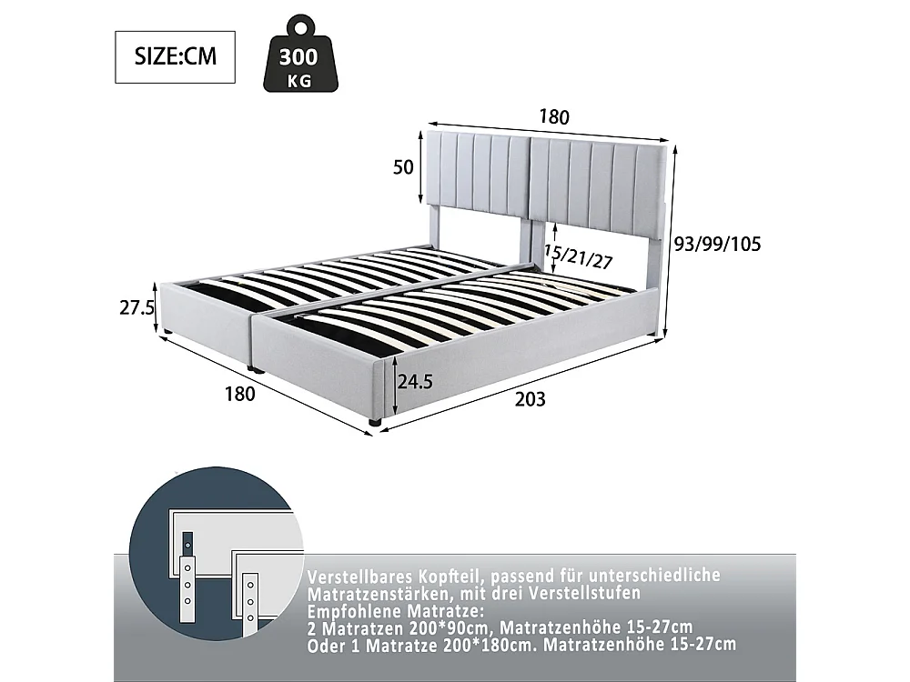 Lit jeune lit 180x200 cm lit de rangement lit rembourré hydraulique lit double lin gris
