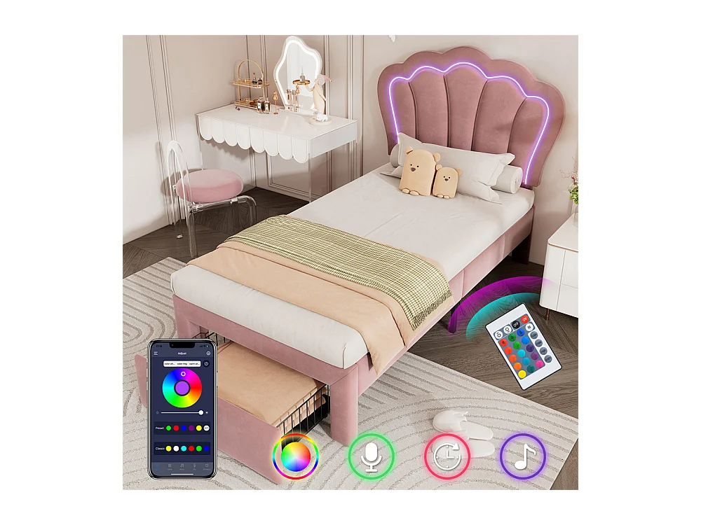 Lit jeune lit 90x190 cm lit simple lit rembourré lit sommier à lattes avec 1 tiroir velours rose