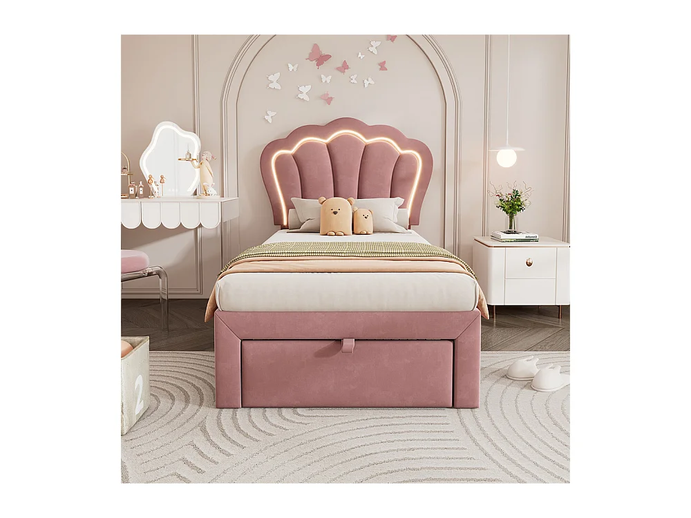 Lit jeune lit 90x190 cm lit simple lit rembourré lit sommier à lattes avec 1 tiroir velours rose