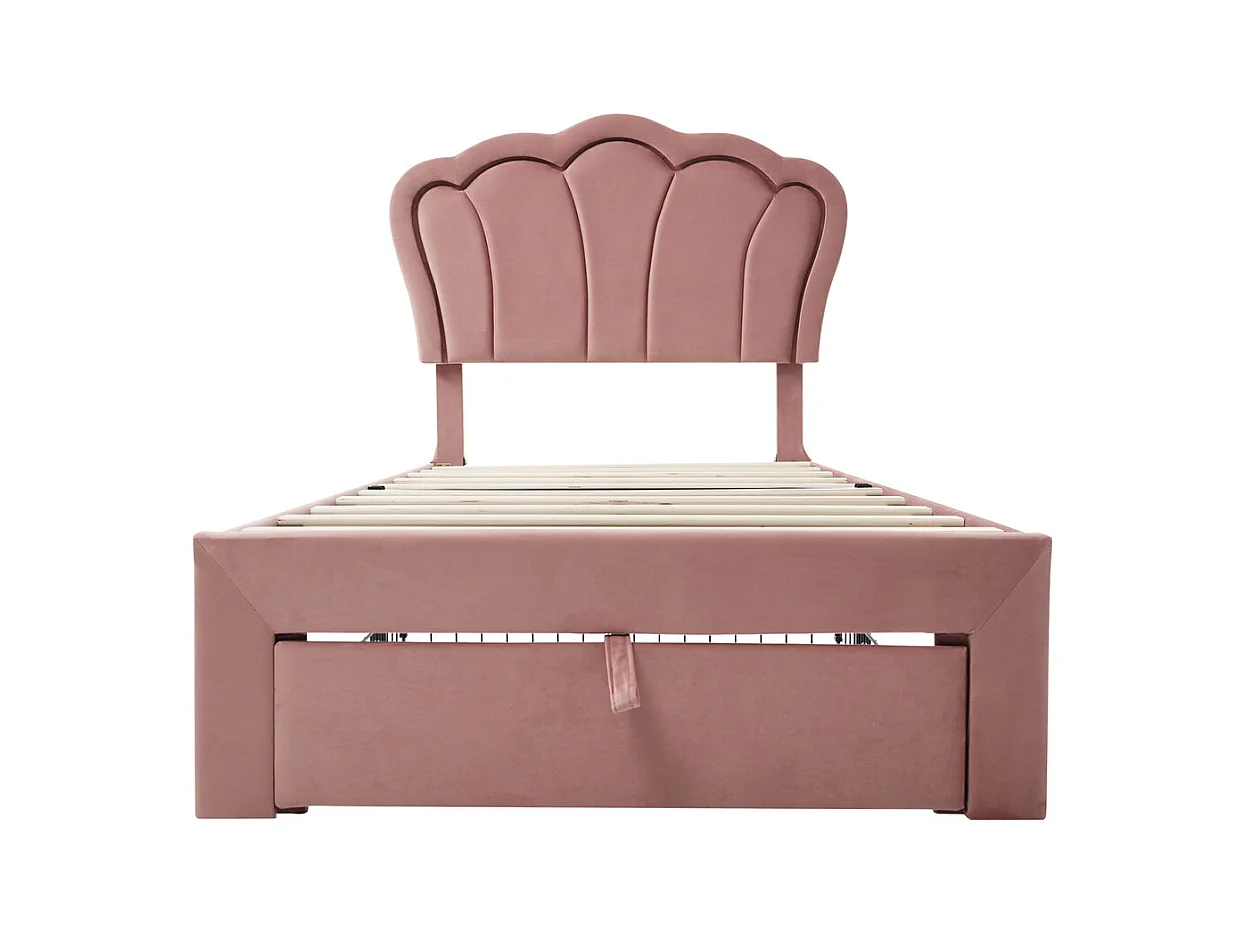 Lit jeune lit 90x190 cm lit simple lit rembourré lit sommier à lattes avec 1 tiroir velours rose