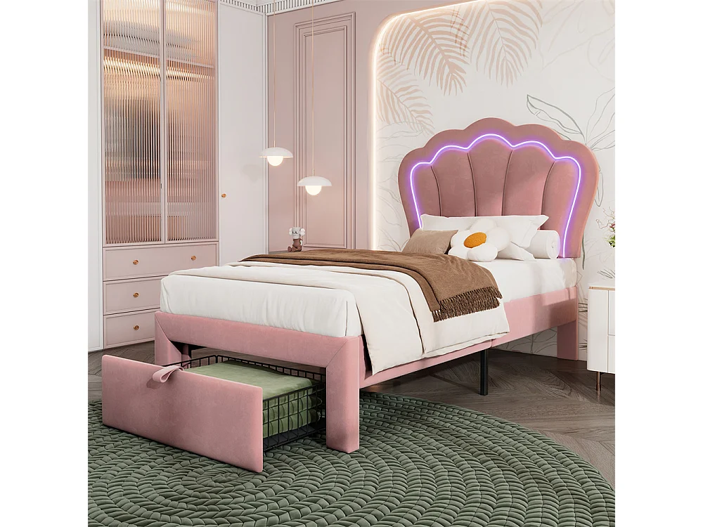 Lit jeune lit 90x190 cm lit simple lit rembourré lit sommier à lattes avec 1 tiroir velours rose