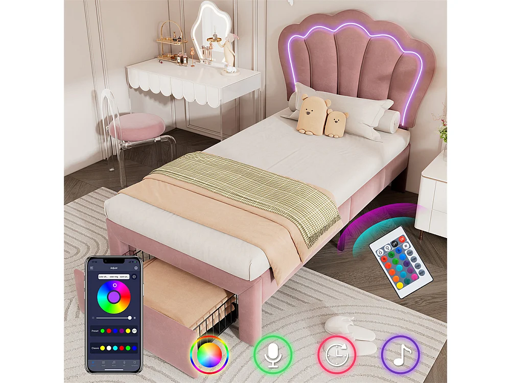 Lit jeune lit 90x190 cm lit simple lit rembourré lit sommier à lattes avec 1 tiroir velours rose