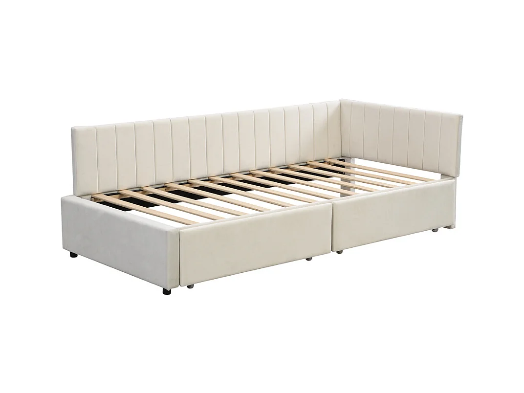 Lit jeune lit 90x200 cm lit rembourré avec 2 tiroirs de rangement lit sommier à lattes lit simple tissu en velours beige