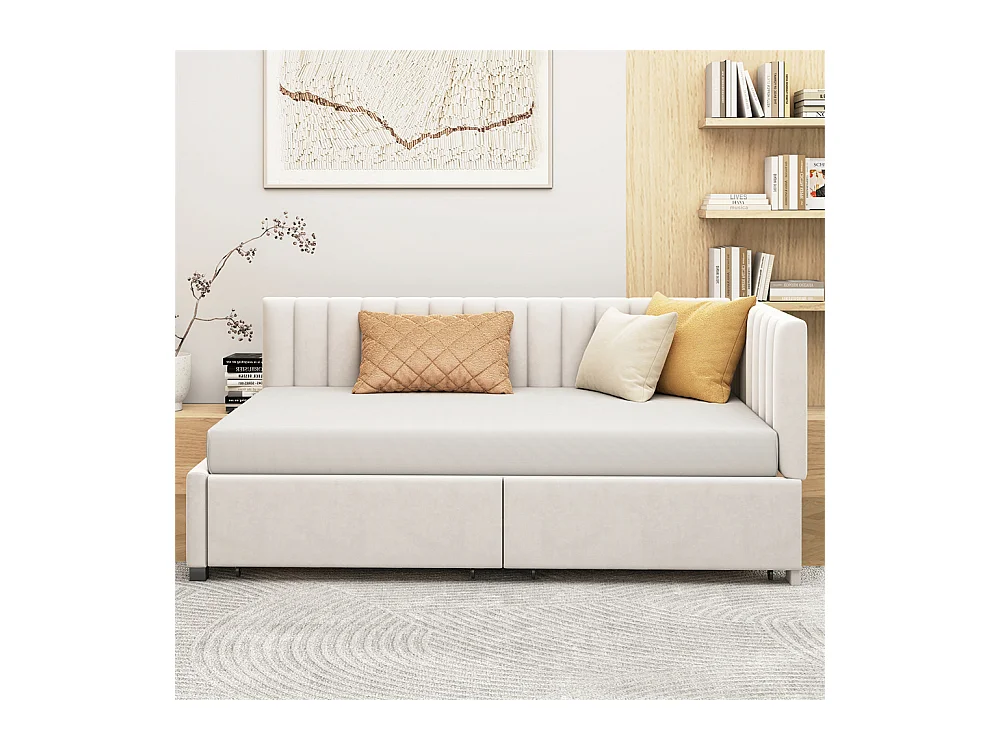 Lit jeune lit 90x200 cm lit rembourré avec 2 tiroirs de rangement lit sommier à lattes lit simple tissu en velours beige