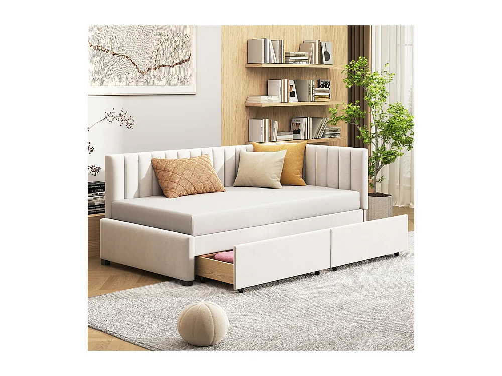 Lit jeune lit 90x200 cm lit rembourré avec 2 tiroirs de rangement lit sommier à lattes lit simple tissu en velours beige