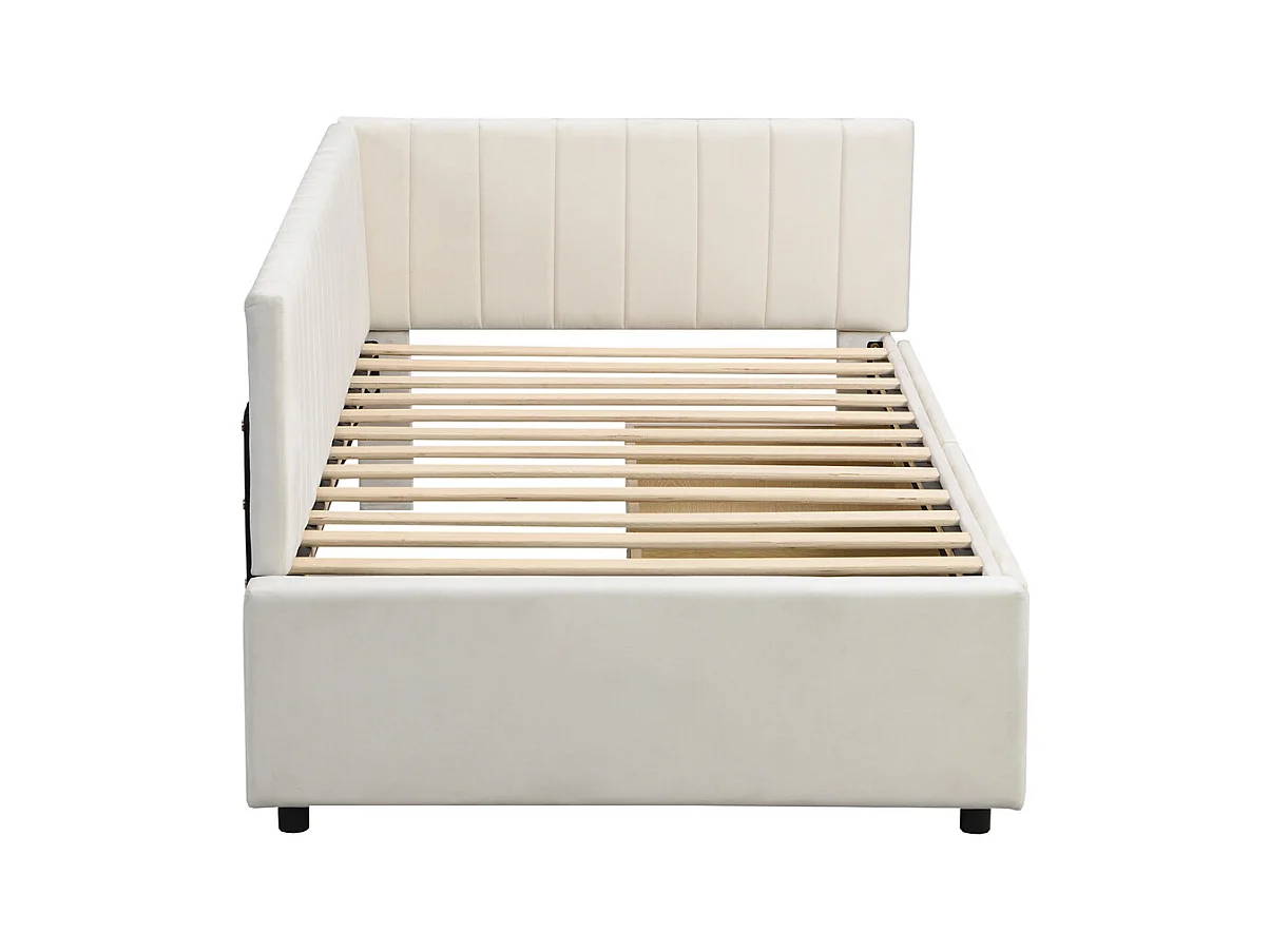 Lit jeune lit 90x200 cm lit rembourré avec 2 tiroirs de rangement lit sommier à lattes lit simple tissu en velours beige