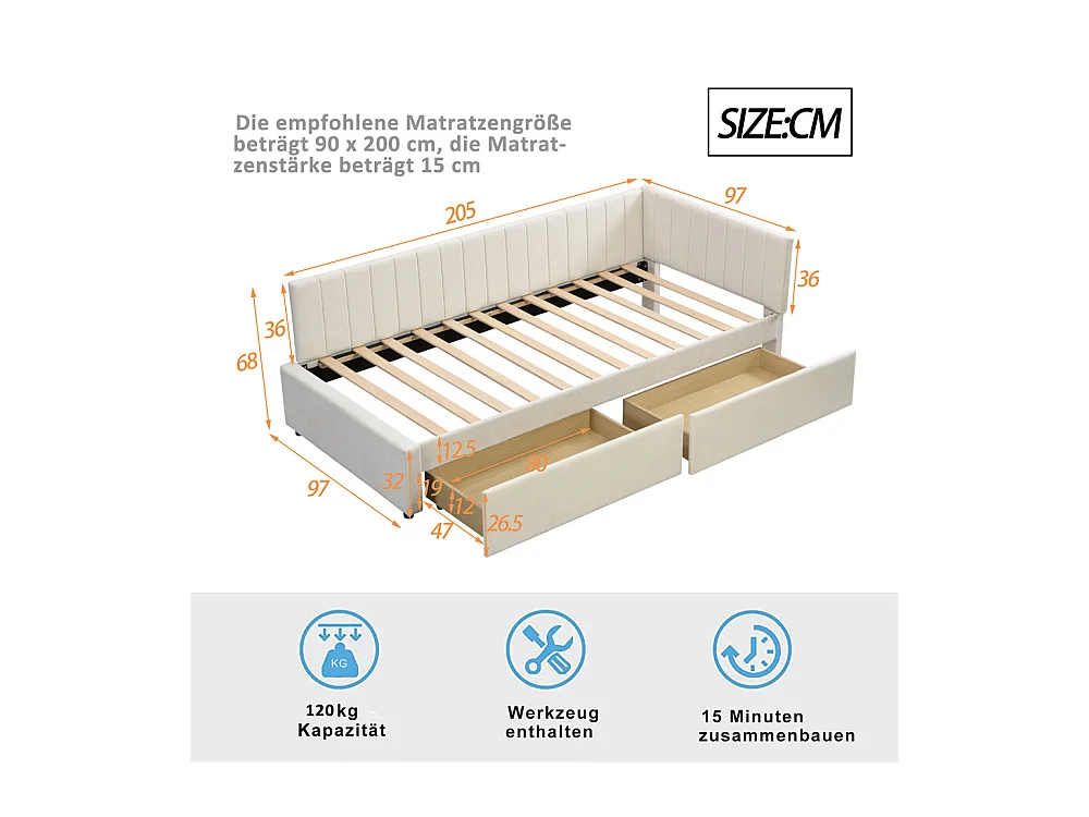 Lit jeune lit 90x200 cm lit rembourré avec 2 tiroirs de rangement lit sommier à lattes lit simple tissu en velours beige
