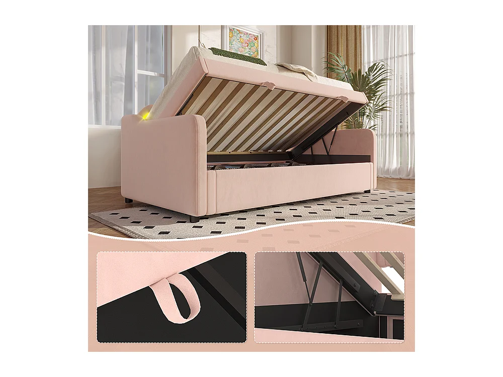 Lit de jour 90x200cm, canapé-lit, lit hydraulique, avec espace de rangement, bande led à couleur changeante, lit simple (sans matelas), velours, rose