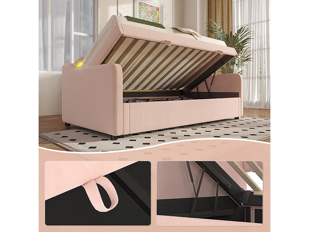 Lit de jour 90x200cm, canapé-lit, lit hydraulique, avec espace de rangement, bande led à couleur changeante, lit simple (sans matelas), velours, rose