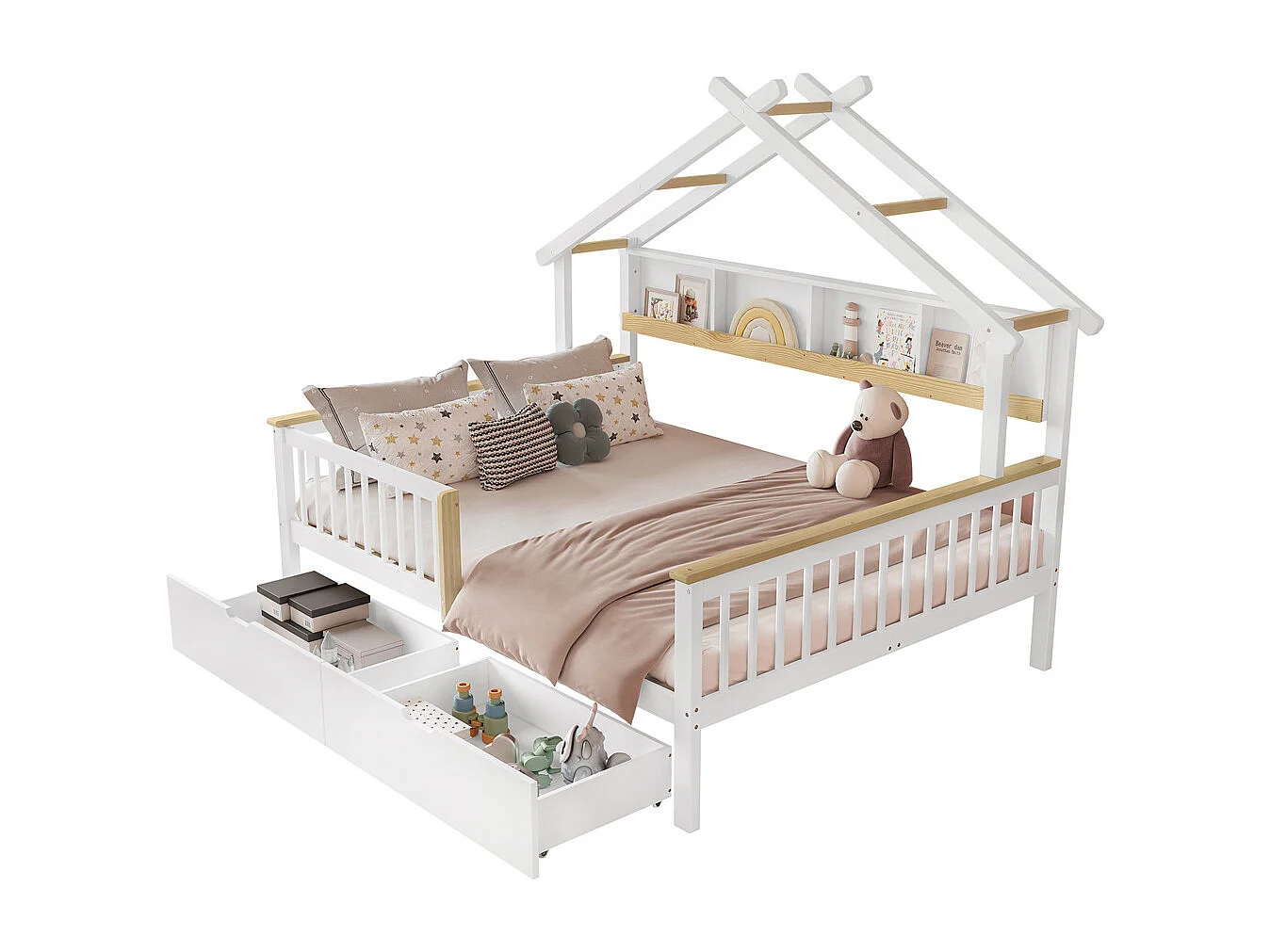 Lit d'enfant 140x200cm, lit en bois avec barrière, étagère de rangement et deux tiroirs, lit plat, cadre en pin, pin+MDF, blanc+naturel