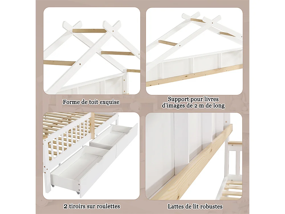 Lit d'enfant 140x200cm, lit en bois avec barrière, étagère de rangement et deux tiroirs, lit plat, cadre en pin, pin+MDF, blanc+naturel