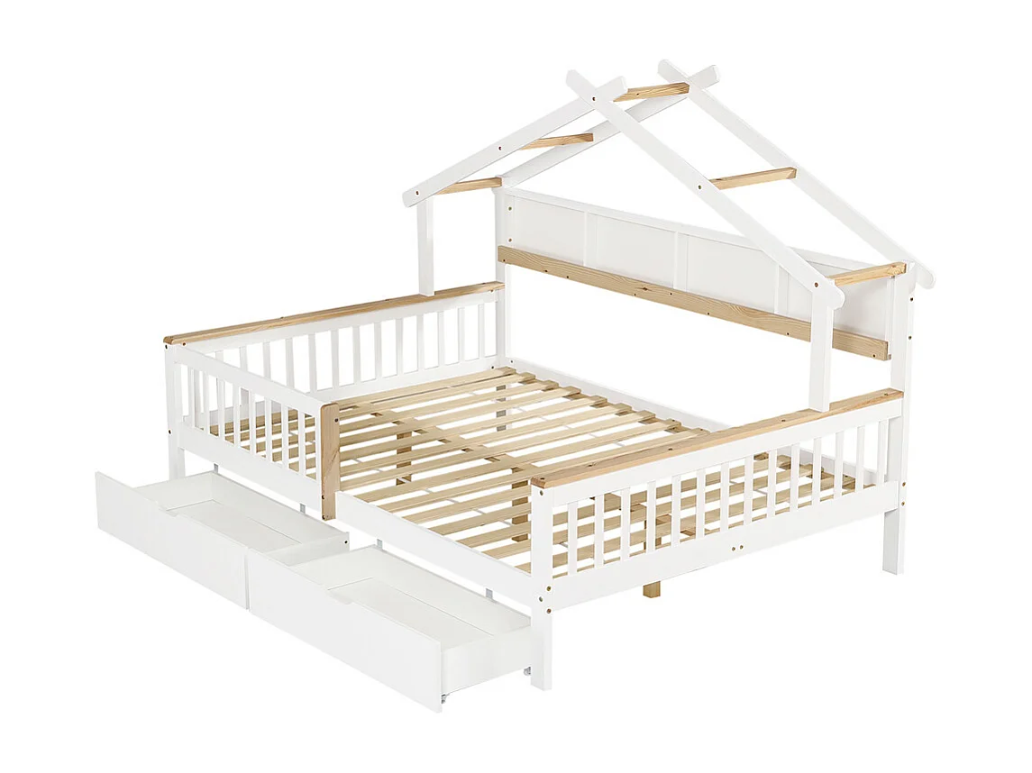 Lit d'enfant 140x200cm, lit en bois avec barrière, étagère de rangement et deux tiroirs, lit plat, cadre en pin, pin+MDF, blanc+naturel