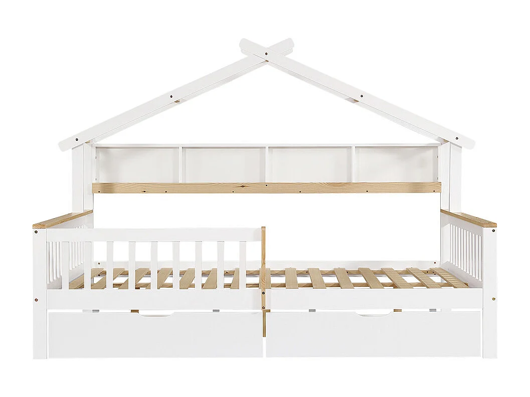 Lit d'enfant 140x200cm, lit en bois avec barrière, étagère de rangement et deux tiroirs, lit plat, cadre en pin, pin+MDF, blanc+naturel