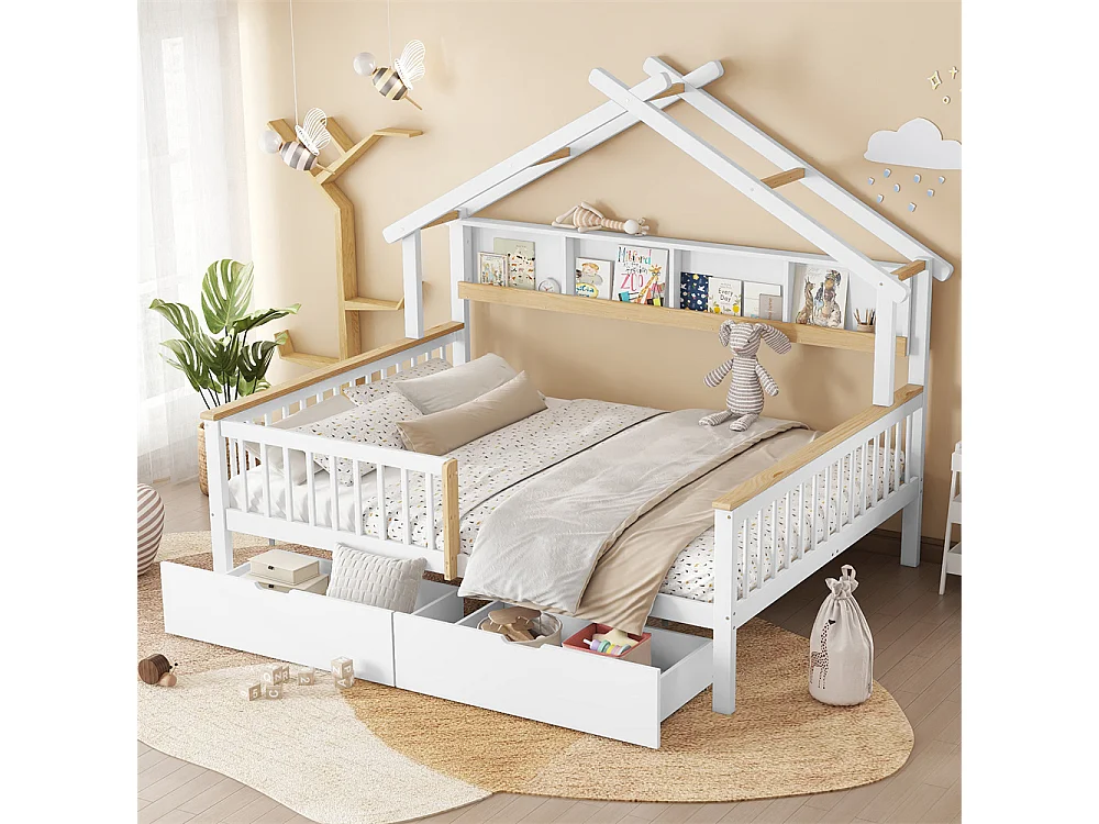 Lit d'enfant 140x200cm, lit en bois avec barrière, étagère de rangement et deux tiroirs, lit plat, cadre en pin, pin+MDF, blanc+naturel