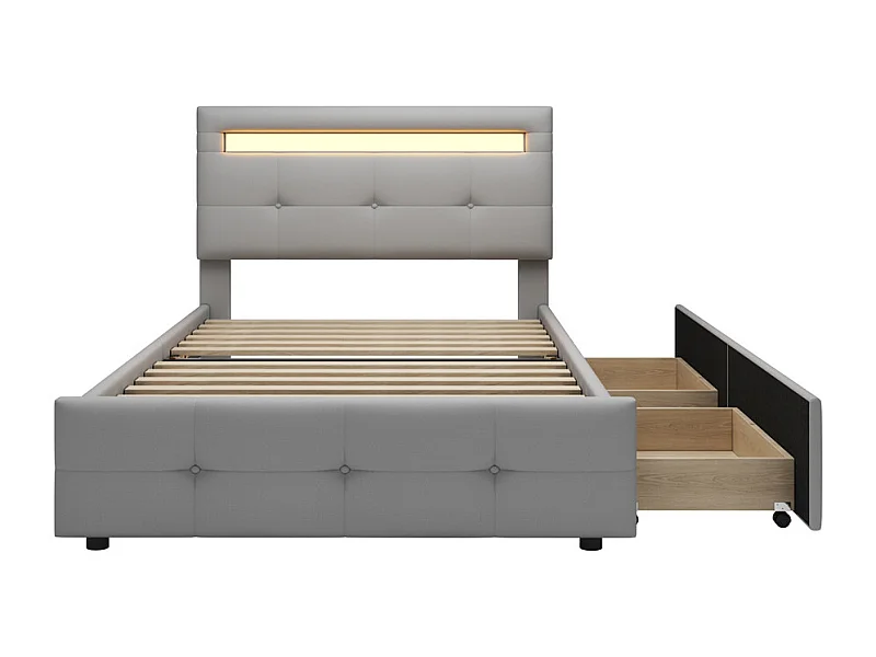 Lit jeune lit 90x200 cm lit rembourré lit 2 tiroirs avec des lampes led lit simple bois gris