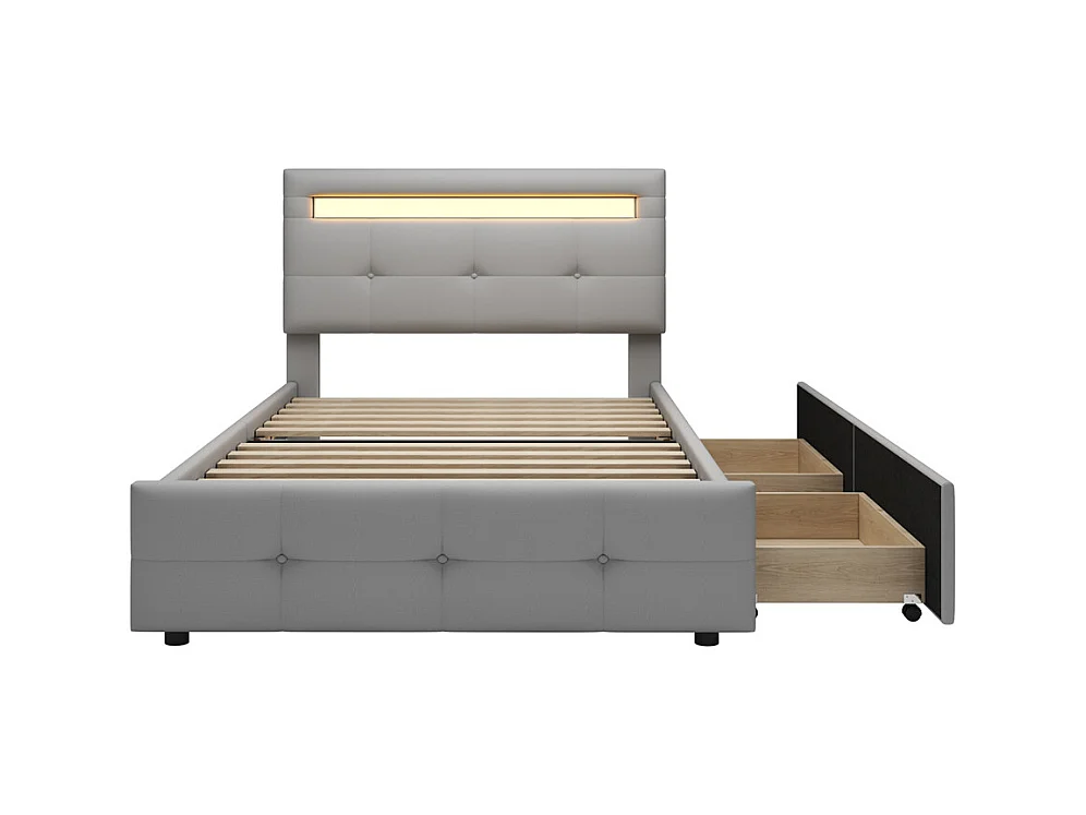 Lit jeune lit 90x200 cm lit rembourré lit 2 tiroirs avec des lampes led lit simple bois gris