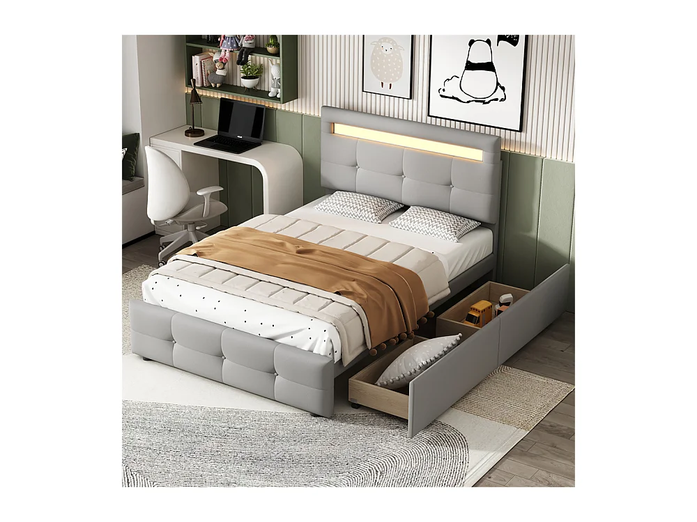 Lit jeune lit 90x200 cm lit rembourré lit 2 tiroirs avec des lampes led lit simple bois gris