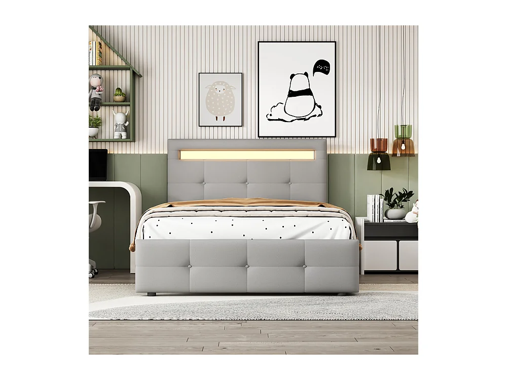 Lit jeune lit 90x200 cm lit rembourré lit 2 tiroirs avec des lampes led lit simple bois gris