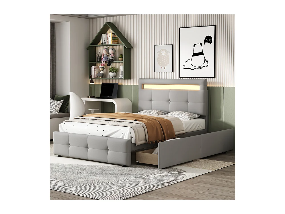 Lit jeune lit 90x200 cm lit rembourré lit 2 tiroirs avec des lampes led lit simple bois gris