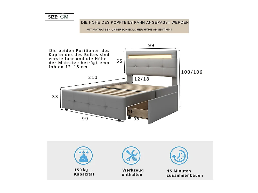Lit jeune lit 90x200 cm lit rembourré lit 2 tiroirs avec des lampes led lit simple bois gris
