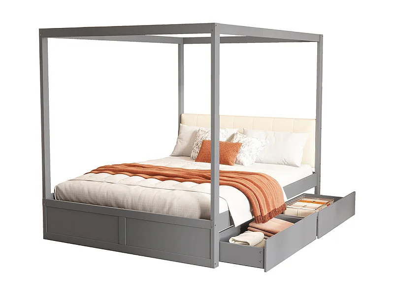 Lit jeune lit 140x200cm lit à baldaquin avec tiroirs et dossier bois massif gris