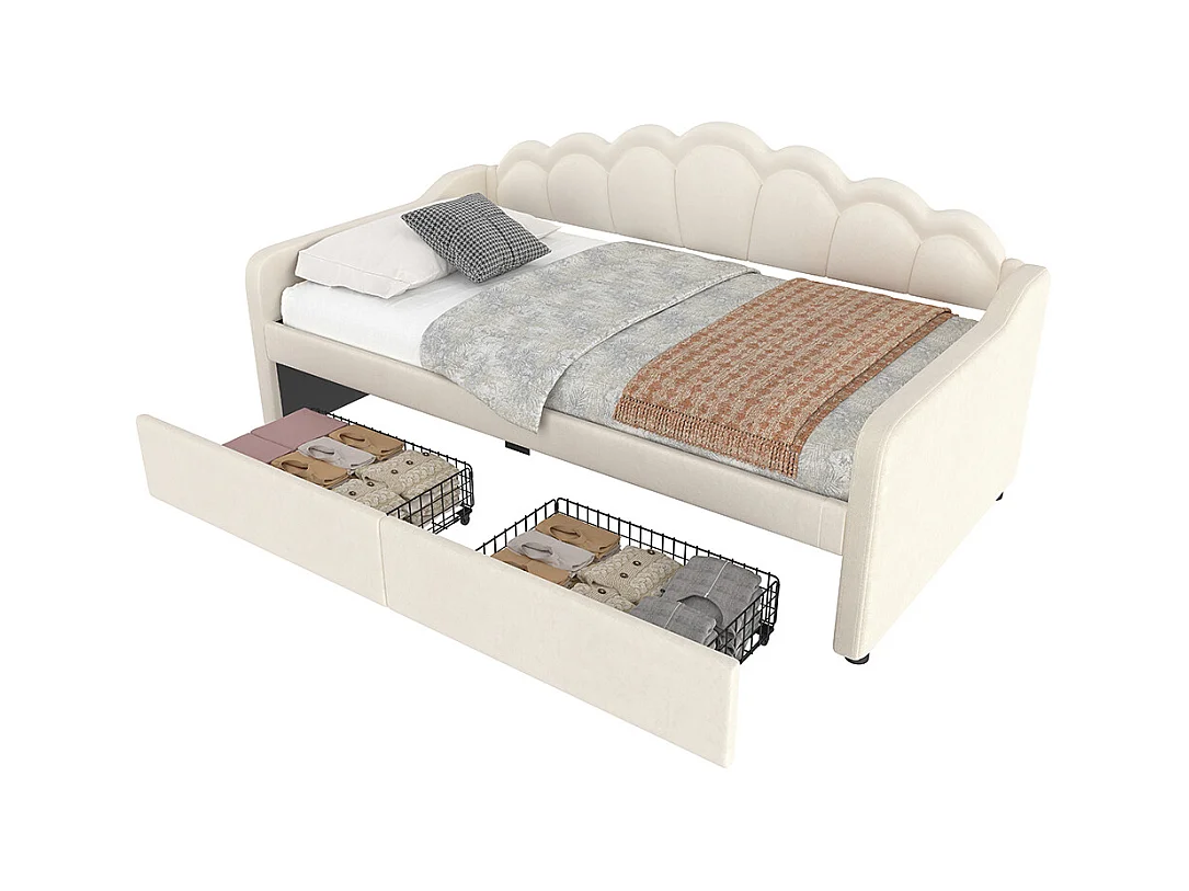 Lit de jour 90x200cm, canapé-lit, lit simple (sans matelas), avec tiroirs, bande led à couleur changeante, velours, beige
