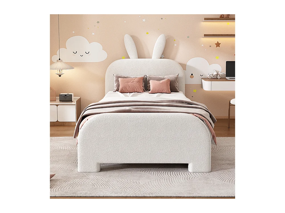 Lit jeune lit 90x200 cm dessin animé en forme de lapin lit simple avec 2 tiroirs peluche blanc
