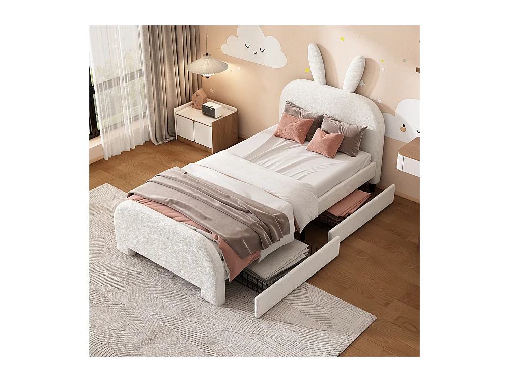 Lit jeune lit 90x200 cm dessin animé en forme de lapin lit simple avec 2 tiroirs peluche blanc