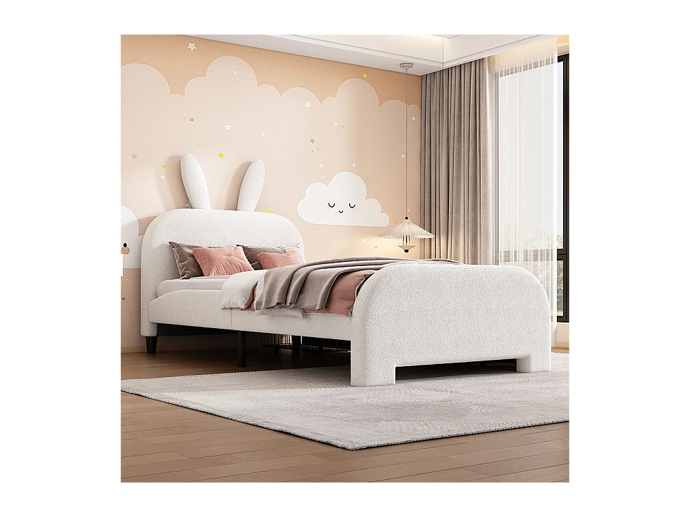 Lit jeune lit 90x200 cm dessin animé en forme de lapin lit simple avec 2 tiroirs peluche blanc