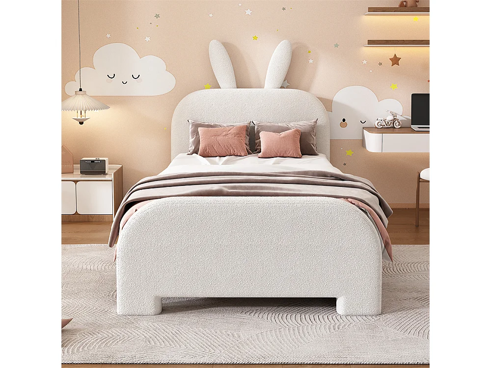 Lit jeune lit 90x200 cm dessin animé en forme de lapin lit simple avec 2 tiroirs peluche blanc
