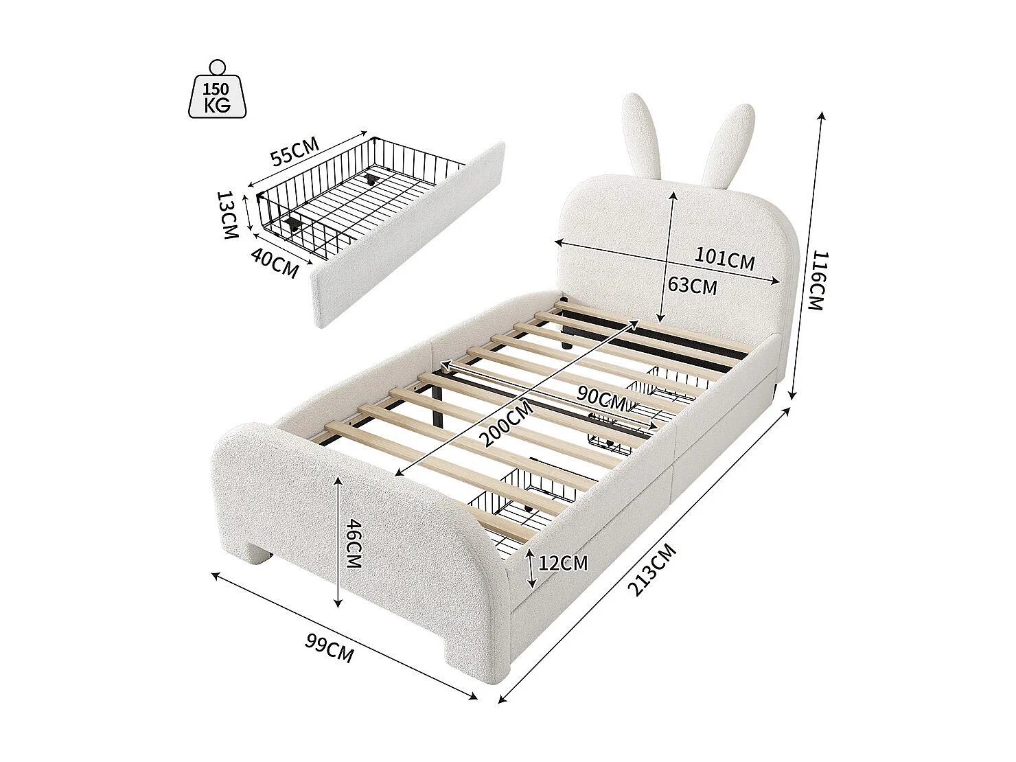 Lit jeune lit 90x200 cm dessin animé en forme de lapin lit simple avec 2 tiroirs peluche blanc