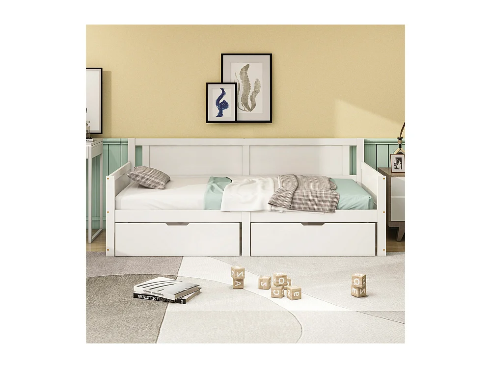 Lit jeune lit 90x200 cm cadre en bois massif lit simple avec deux compartiments de rangement pin blanc