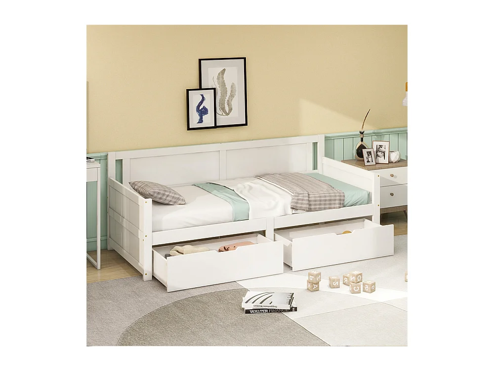 Lit jeune lit 90x200 cm cadre en bois massif lit simple avec deux compartiments de rangement pin blanc