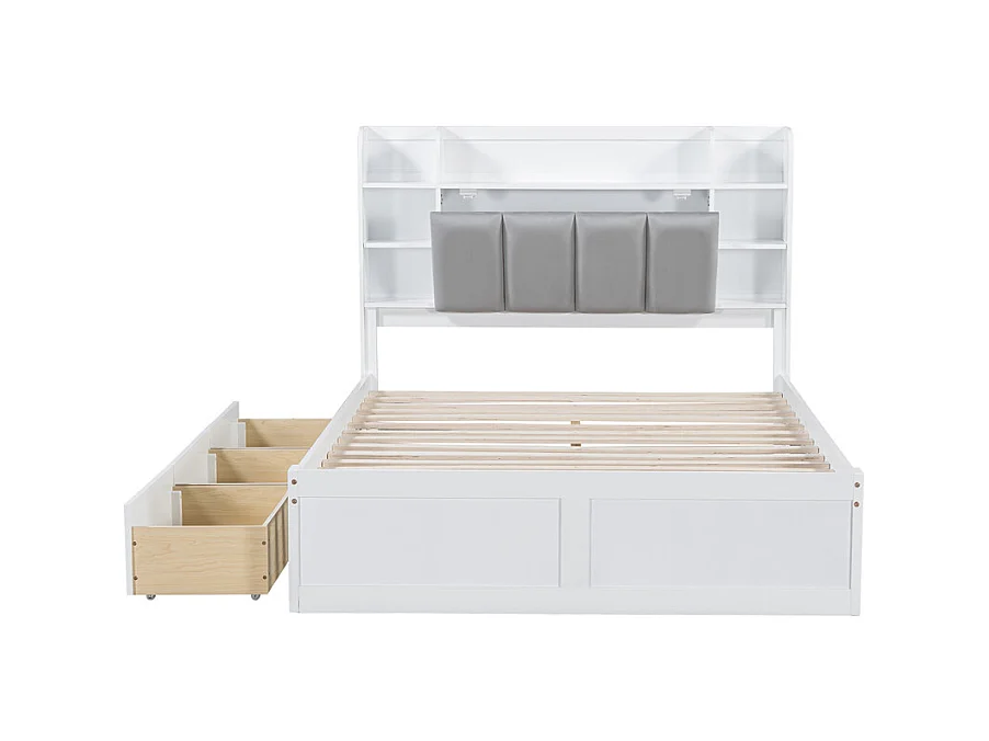Lit jeune lit 140x200 cm avec 3 tiroirs et étagère ouverte pin blanc+gris