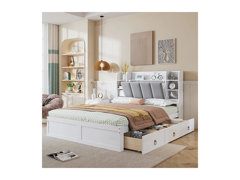 Lit jeune lit 140x200 cm avec 3 tiroirs et étagère ouverte pin blanc+gris