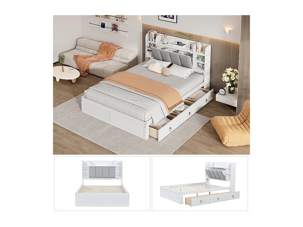 Lit jeune lit 140x200 cm avec 3 tiroirs et étagère ouverte pin blanc+gris