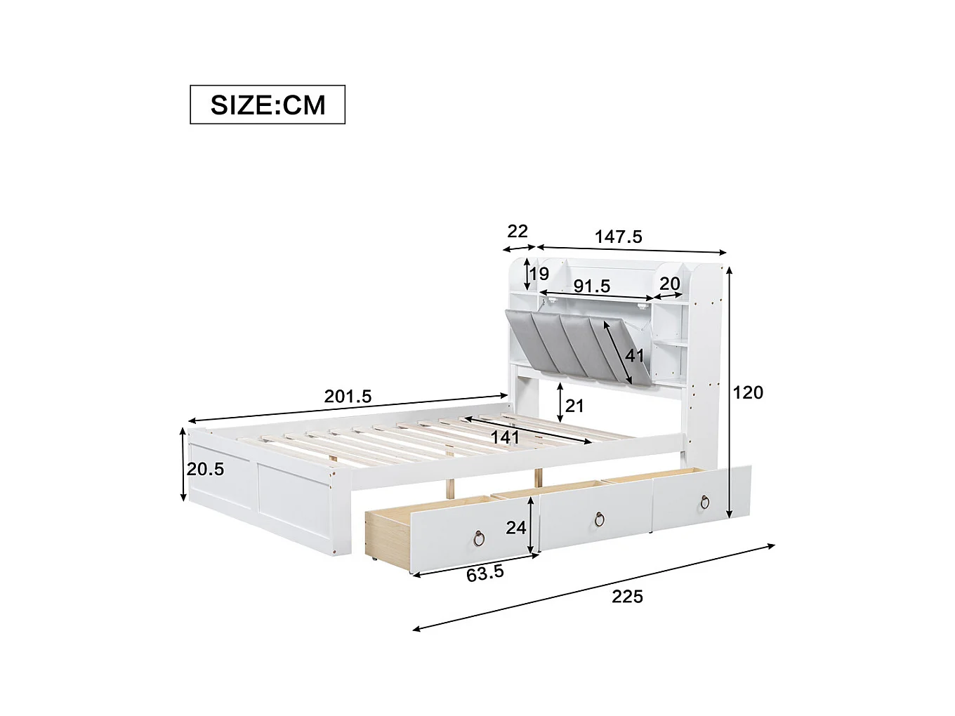 Lit jeune lit 140x200 cm avec 3 tiroirs et étagère ouverte pin blanc+gris