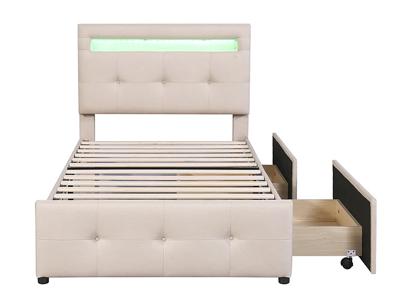 Lit jeune lit 90x200 cm lit rembourré lit 2 tiroirs avec des lampes led lit simple bois beige